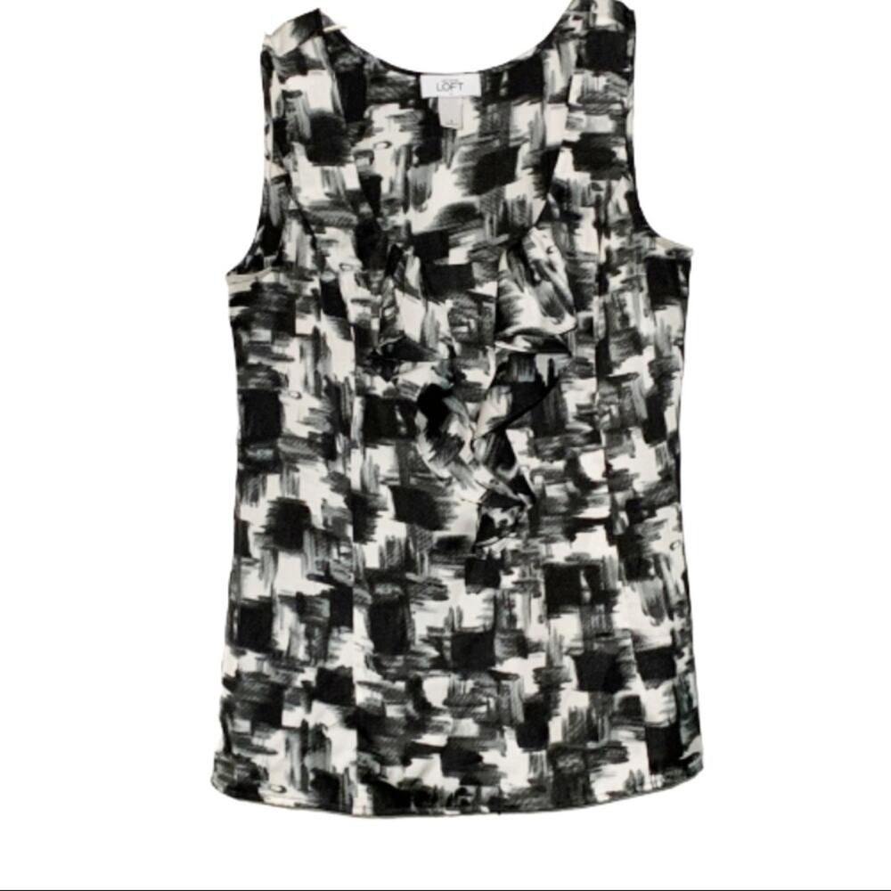 Ann Taylor LOFT Top Blouse Black Gray White Print Sleeveless Blouse Top Small